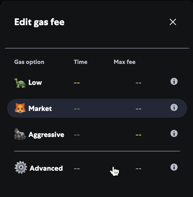 Clicking Advanced to set a custom transaction fee